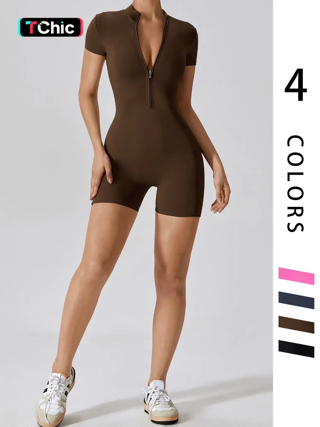 Fashion Zipper Yoga Jumpsuit Short Playsuit Women Romper Short Sleeve Gym Fitness Overalls One Piece Sports Suit Unitard