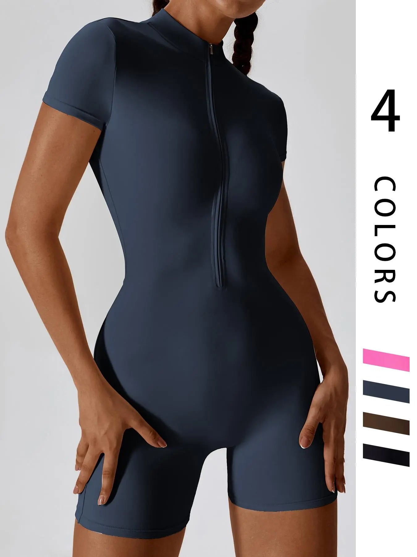 Fashion Zipper Yoga Jumpsuit Short Playsuit Women Romper Short Sleeve Gym Fitness Overalls One Piece Sports Suit Unitard
