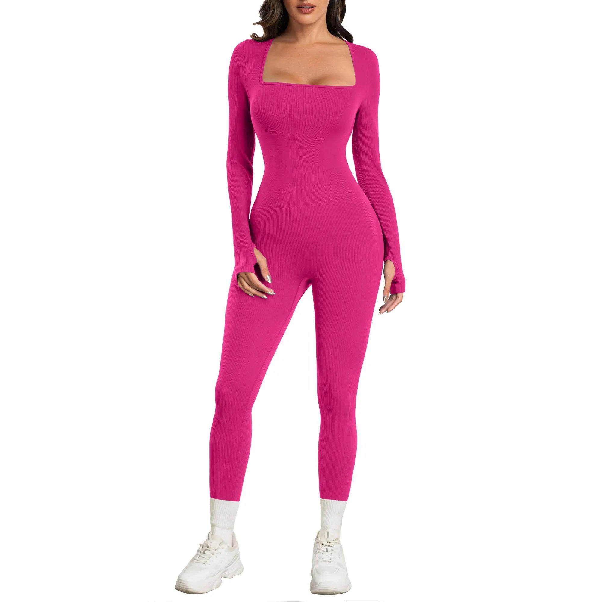 Sese Code Women Yoga Jumpsuits Workout Ribbed Long Sleeve Sport Jumpsuits