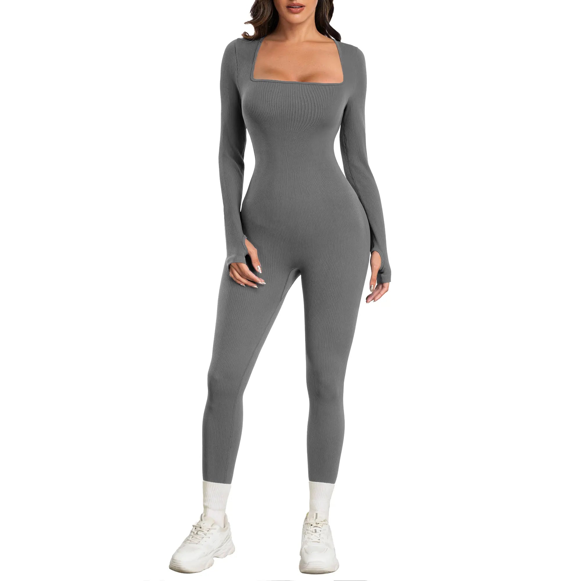Sese Code Women Yoga Jumpsuits Workout Ribbed Long Sleeve Sport Jumpsuits