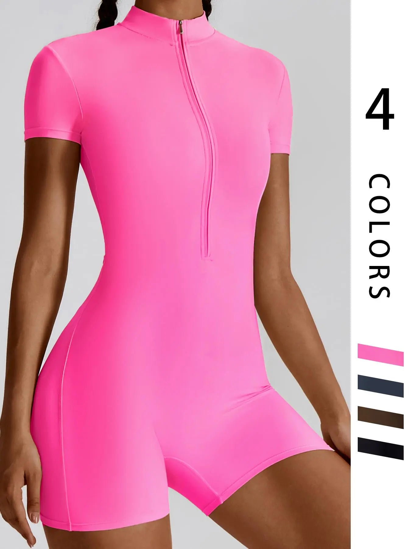 Fashion Zipper Yoga Jumpsuit Short Playsuit Women Romper Short Sleeve Gym Fitness Overalls One Piece Sports Suit Unitard