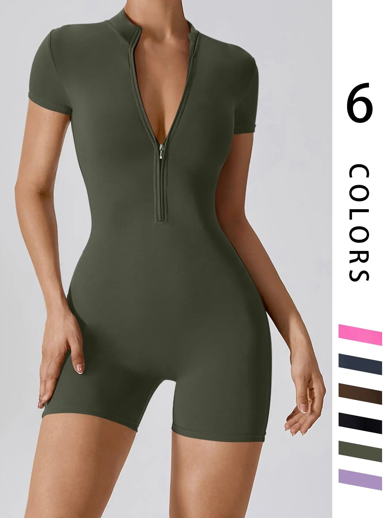 Fashion Zipper Yoga Jumpsuit Short Playsuit Women Romper Short Sleeve Gym Fitness Overalls One Piece Sports Suit Unitard