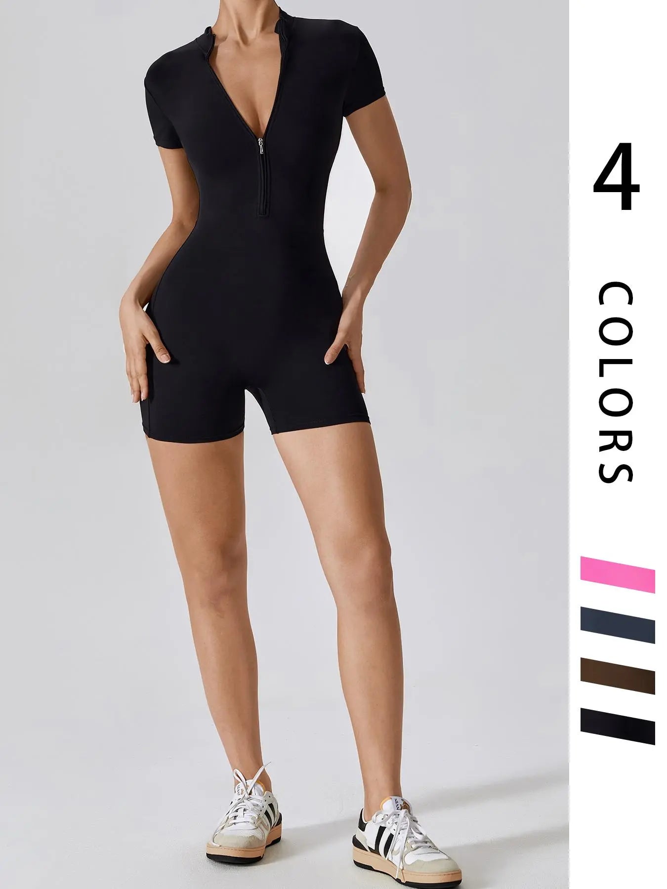 Fashion Zipper Yoga Jumpsuit Short Playsuit Women Romper Short Sleeve Gym Fitness Overalls One Piece Sports Suit Unitard