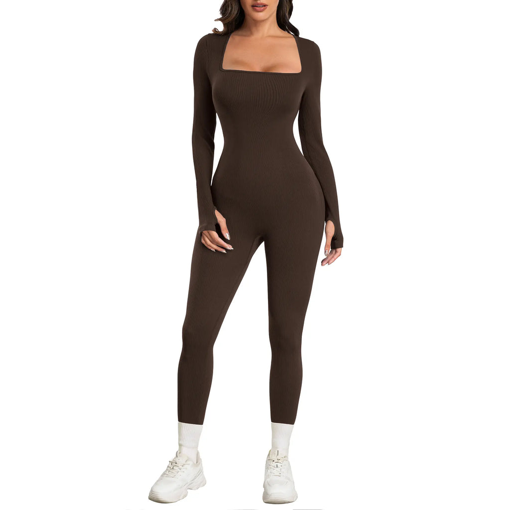 Sese Code Women Yoga Jumpsuits Workout Ribbed Long Sleeve Sport Jumpsuits
