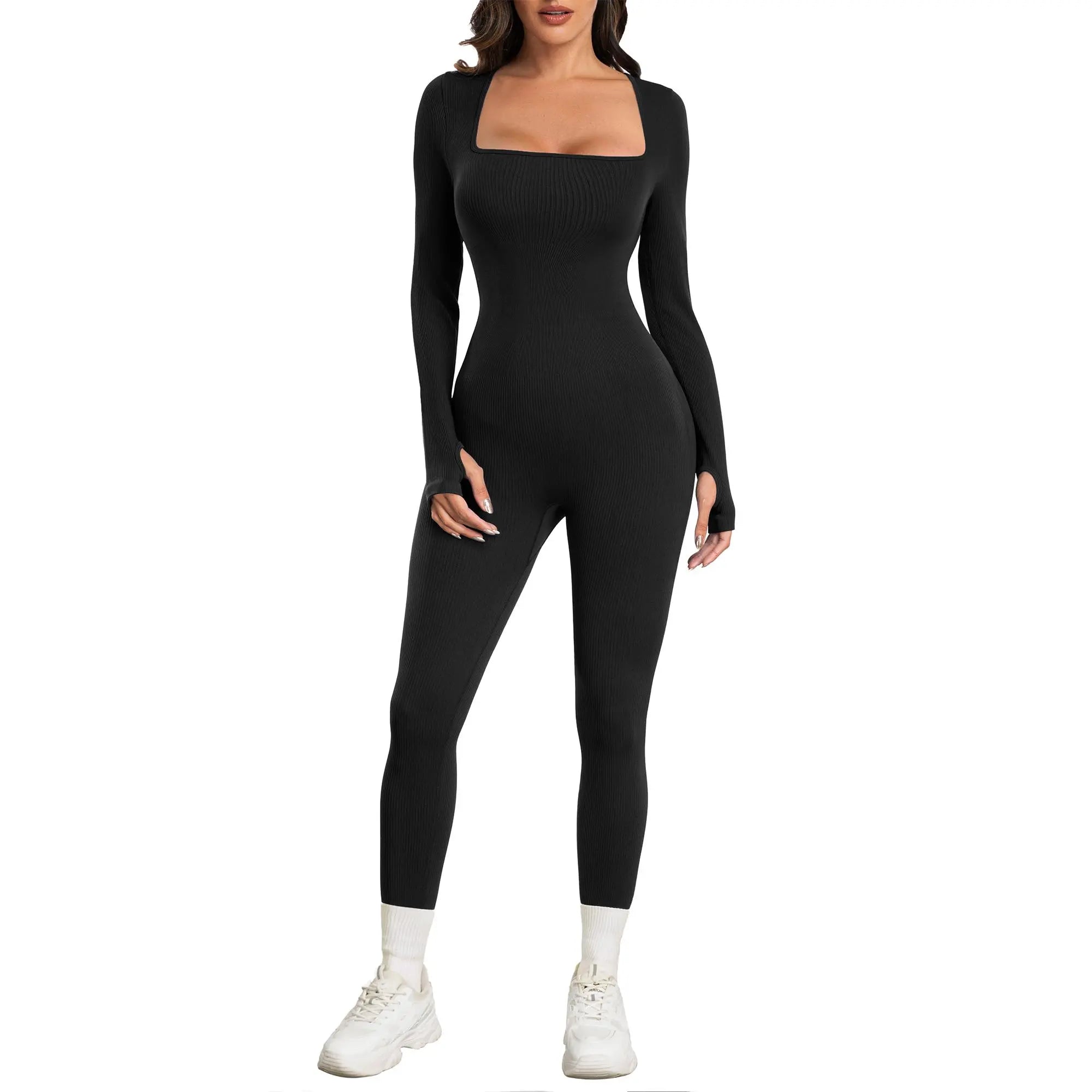Sese Code Women Yoga Jumpsuits Workout Ribbed Long Sleeve Sport Jumpsuits